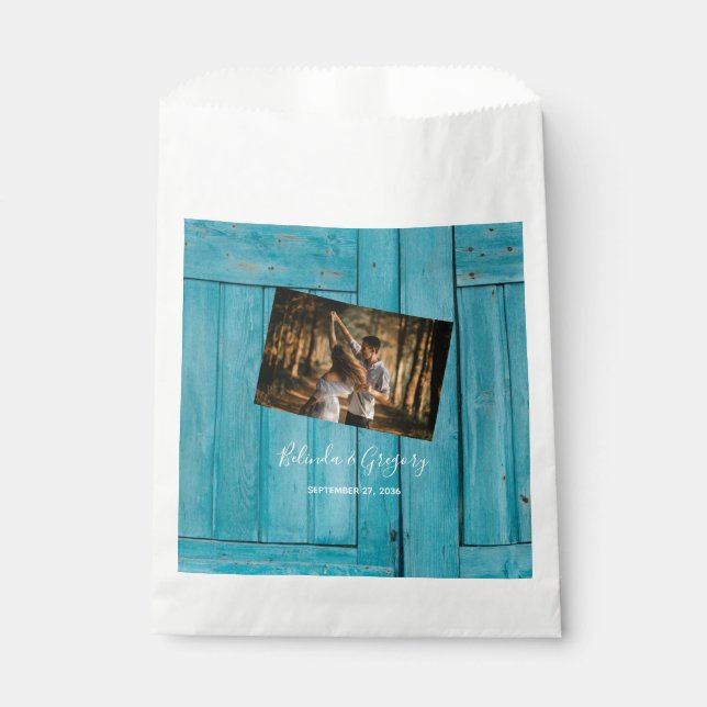 Sachets En Papier Mariage photo en bois bleu rustique (Devant)