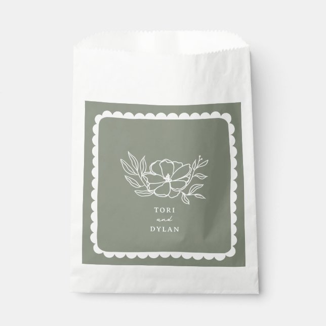 Sachets En Papier Mariage végétal vert Sage Botanique Scalloped (Devant)
