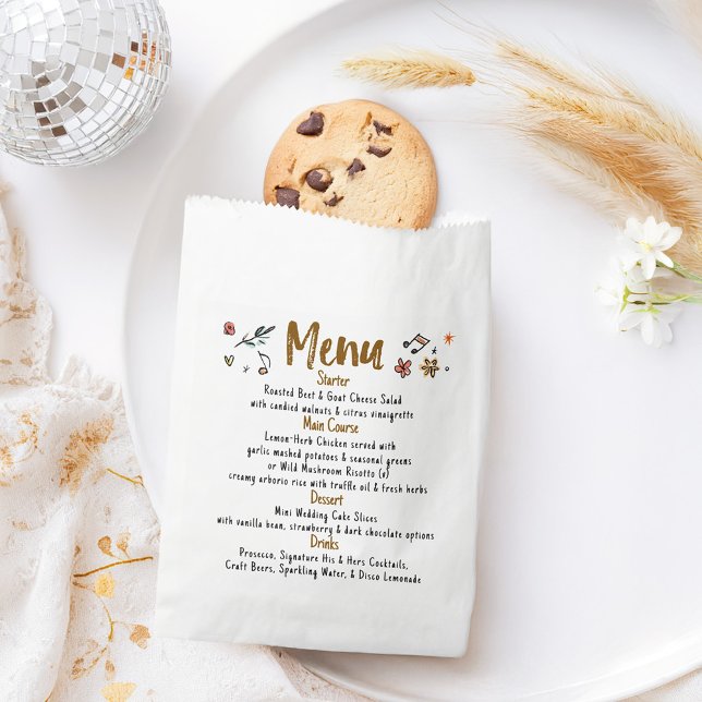 Sachets En Papier Menu Mariage manuscrit Whimsical Funky Decor (Wedding Menu Bag filled with fresh bread, cookies or napkin, utensils)