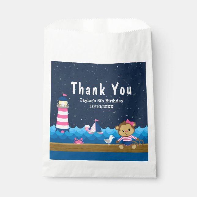 Sachets En Papier Merci de fête d'anniversaire rose singe Nautique (Devant)