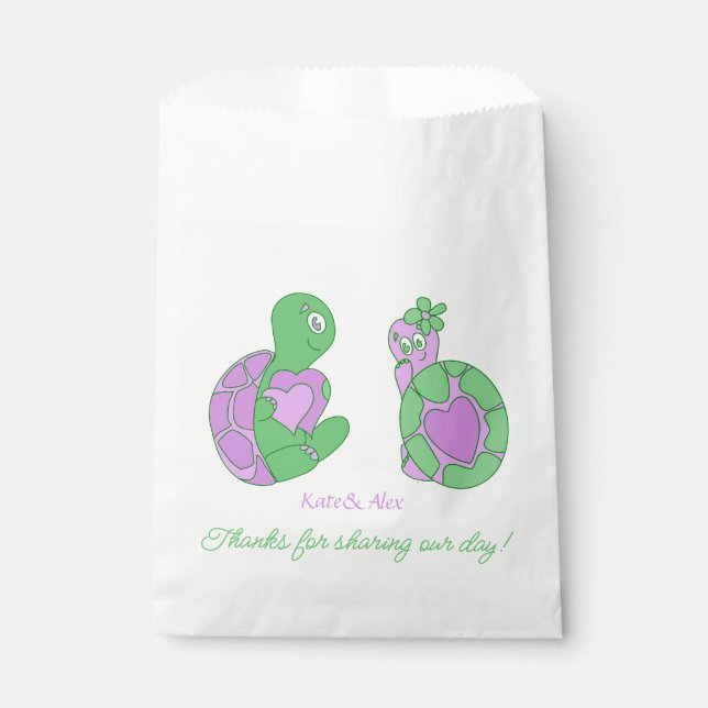 Sachets En Papier Merci, mignonne Tortue Couple Mariage (Devant)