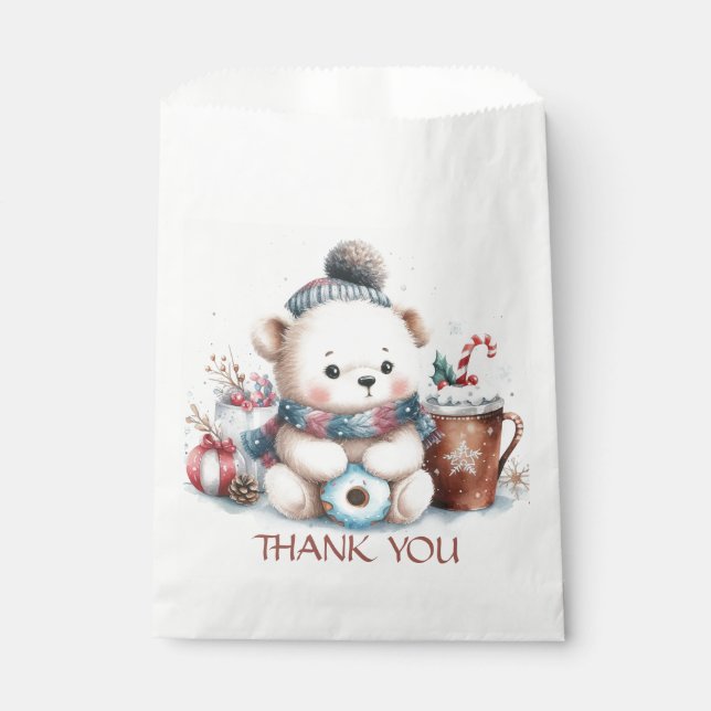 Sachets En Papier Merci ours mignon hiver bleu casquette Noël (Devant)