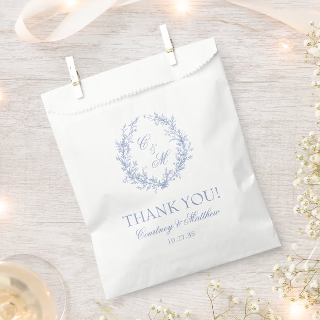 Sachets En Papier Monogramme bleu Dusty Merci de couronne botanique (Coupé)