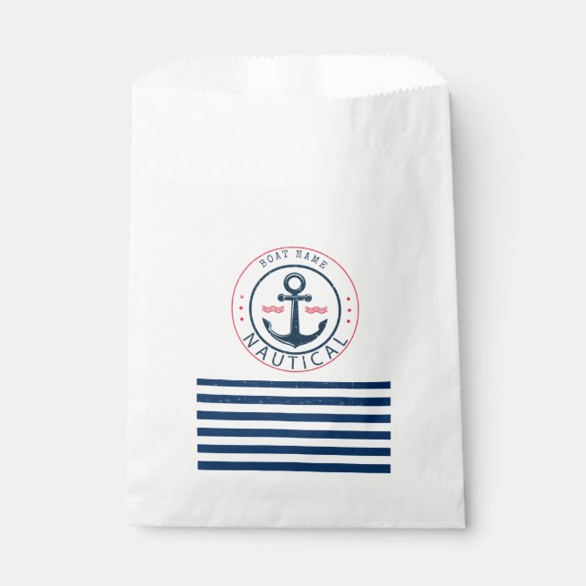 Sachets En Papier Nautique, nom du bateau, ancres à rayures bleu mar (Devant)