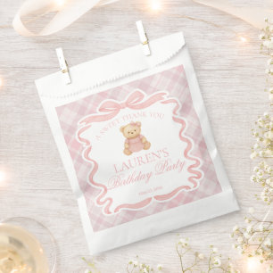 Sachets En Papier Ours à nœud papillon rose en carreaux pour dessert