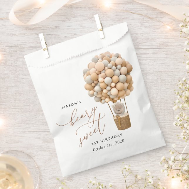 Sachets En Papier Ours mignon, Ballons Beiges, Premier Anniversaire (Coupé)