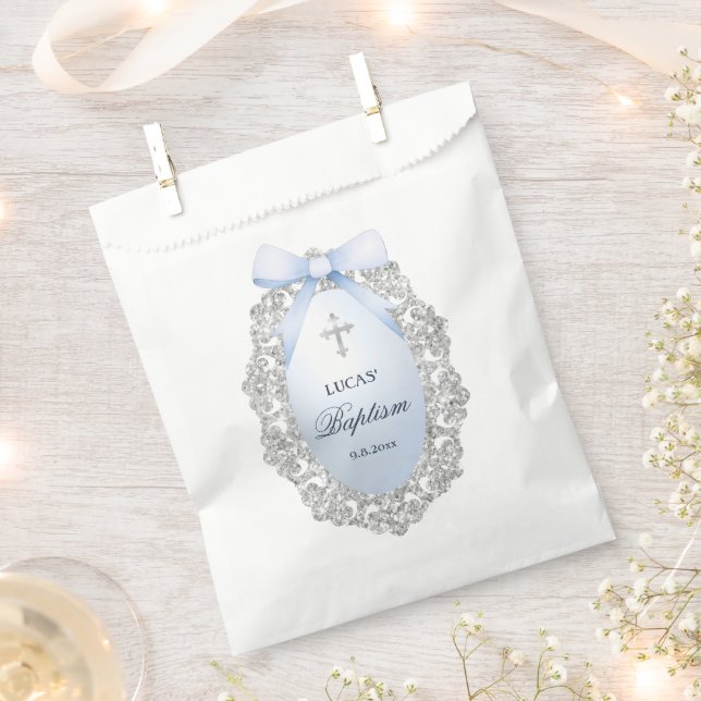 Sachets En Papier Oval Silver Glitter Frame Blue Bow Baptism (Coupé)