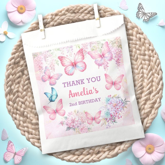 Sachets En Papier Papillon rose violet pastel été fille Anniversaire (Butterfly Pink Purple Pastel Summer Girl Birthday Favor Bag)