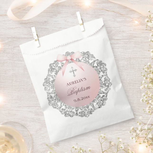 Sachets En Papier Parties scintillant Argent Cadre rose Bow Baptême (Coupé)