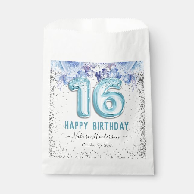 Sachets En Papier Parties scintillant florale Bleu clair Joyeux 16e  (Devant)