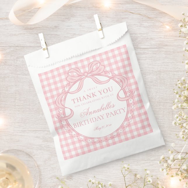 Sachets En Papier Pink Gingham Coquette Bow Birthday Party Dessert (Coupé)