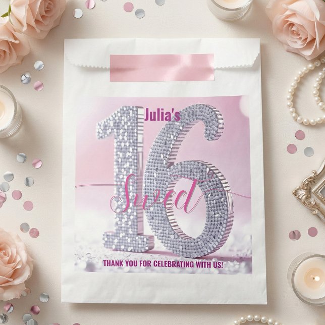 Sachets En Papier Pink Silver Faux Glitter Diamond Sweet 16 (Créateur téléchargé)