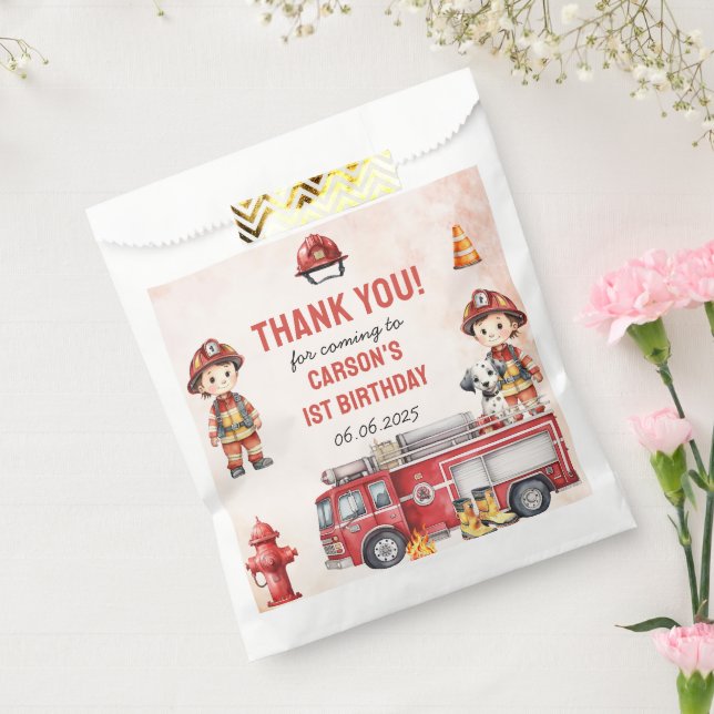 Sachets En Papier Pompier Camion 1er fête d'anniversaire (Scellé)