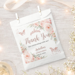 Sachets En Papier Quinceañera 16 Rouge Floral Rose Doré Papillons