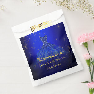 Sachets En Papier Quinceanera personnalisée bleu et or