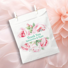 Remerciement de mariage aux roses roses et feuilla