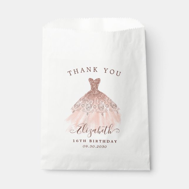 Sachets En Papier Robe rose or étincelle 16e anniversaire Merci (Devant)