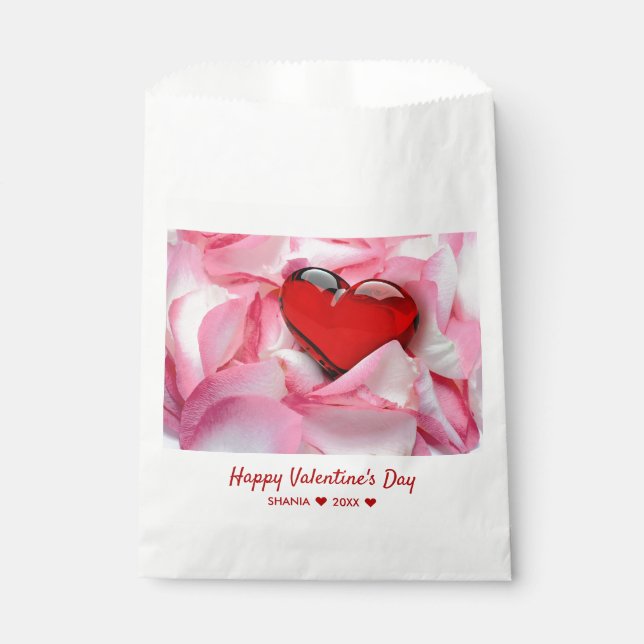 Sachets En Papier Saint-Valentin Rouge Verre Coeur Rose Pétales (Devant)