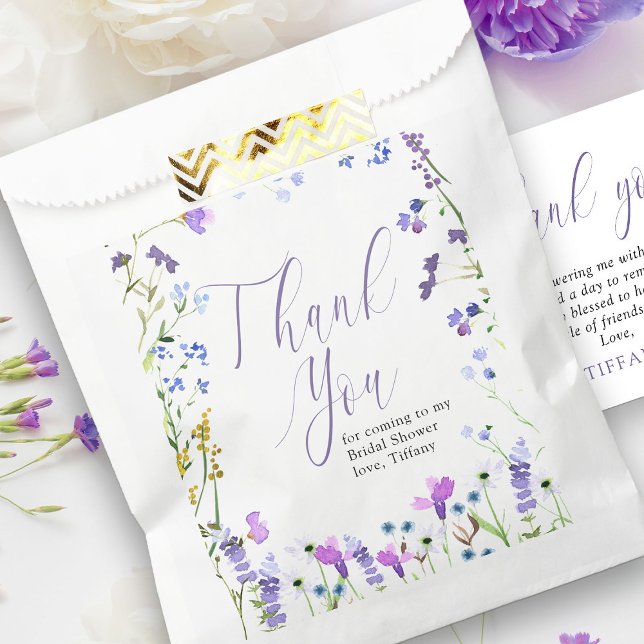 Sachets En Papier Script de Merci Fleur sauvage violet (Thank you favor bags from my Purple Wildflower Bridal Shower collection)