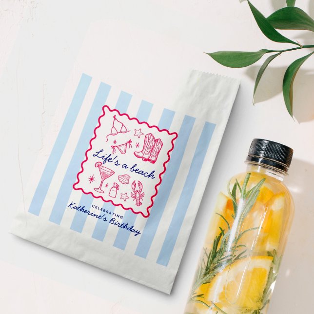 Sachets En Papier Summer Blue Stripes Pink Beach Favorites Birthday  (Créateur téléchargé)