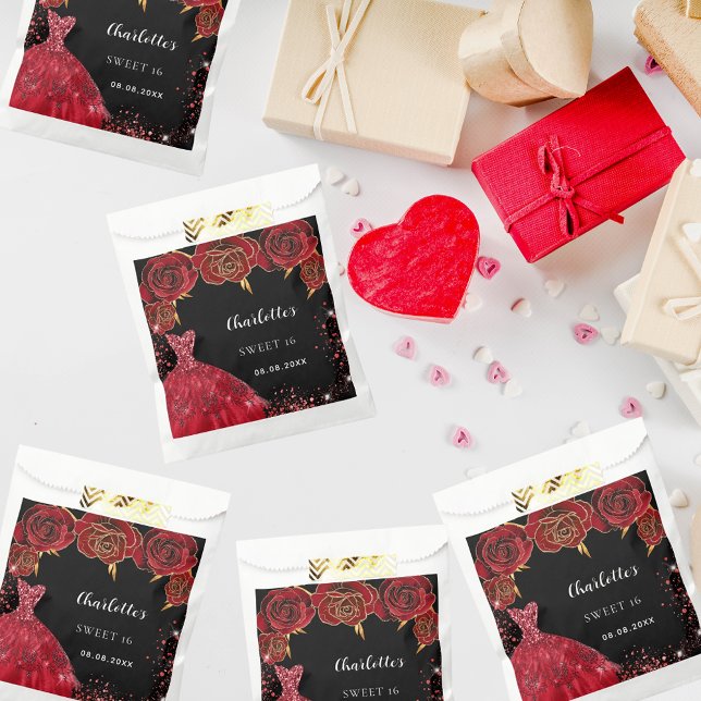 Sachets En Papier Sweet 16 fleurs de robe rouge noire (Créateur téléchargé)