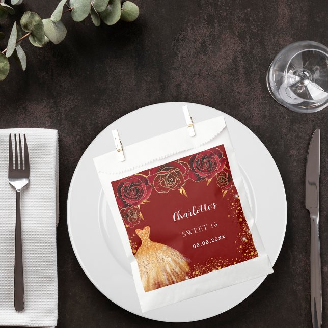 Sachets En Papier Sweet 16 fleurs de robe rouge or (Créateur téléchargé)