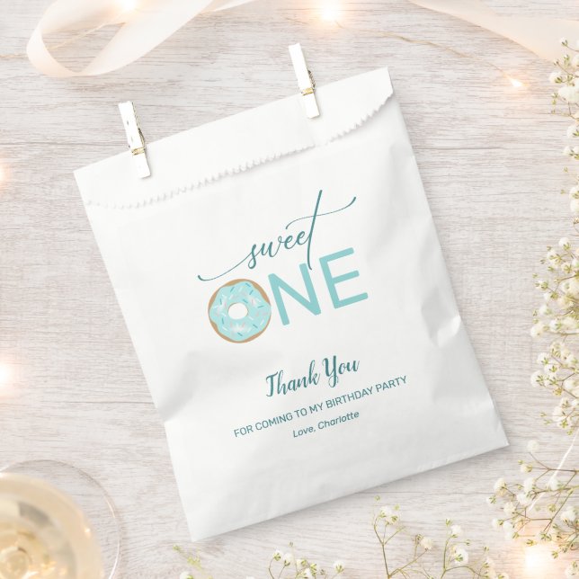 Sachets En Papier Sweet One Donut Girl's 1st Birthday Merci Turquois (Coupé)