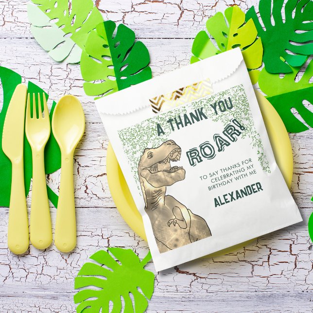 Sachets En Papier T-Rex Roar Dinosaur Merci fête d'anniversaire (T-rex roar dinosaur jungle birthday party thank you custom favor bag green and brown)