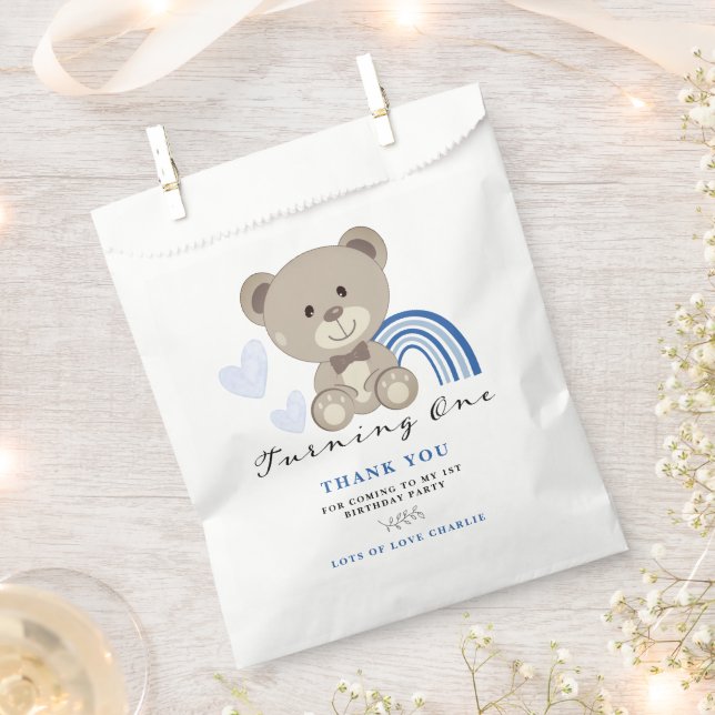 Sachets En Papier Teddy Bear 1er Anniversaire bleu (Coupé)