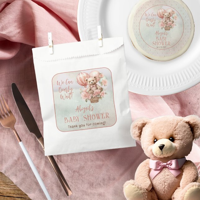 Sachets En Papier Teddy Bear Balloons Girl Bearly Wait Baby shower (Teddy Bear Hot Air Balloon | Pink Flowers Girl Baby Shower Favor Bags)