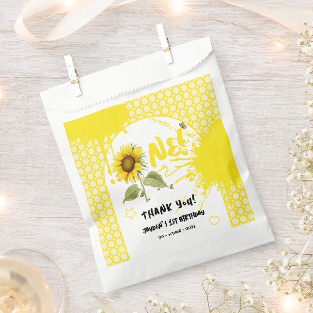 Sachets En Papier Tournesol aquarelle avec papillons 1er anniversair (Coupé)