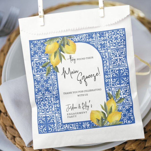 Sachets En Papier Trouvé Main Squeeze Lemon & Blue Tile Fiançailles (Créateur téléchargé)