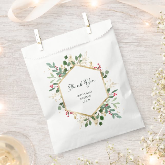 Sachets En Papier Vert doré sur blanc | Mariage de Noël (Coupé)