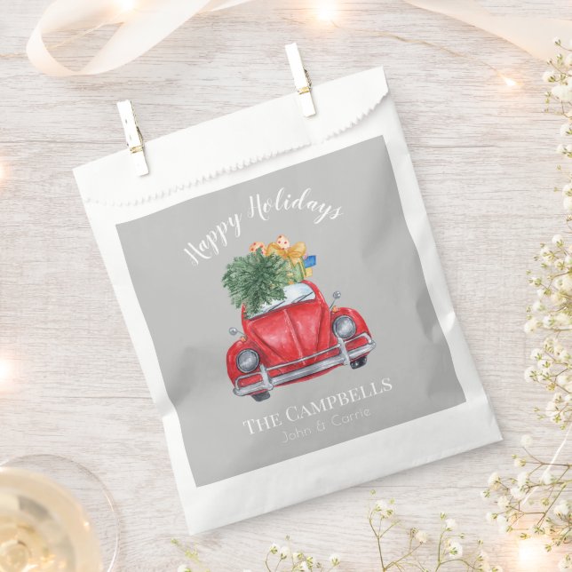 Sachets En Papier Voiture rouge et arbre de Noël personnalisable (Coupé)