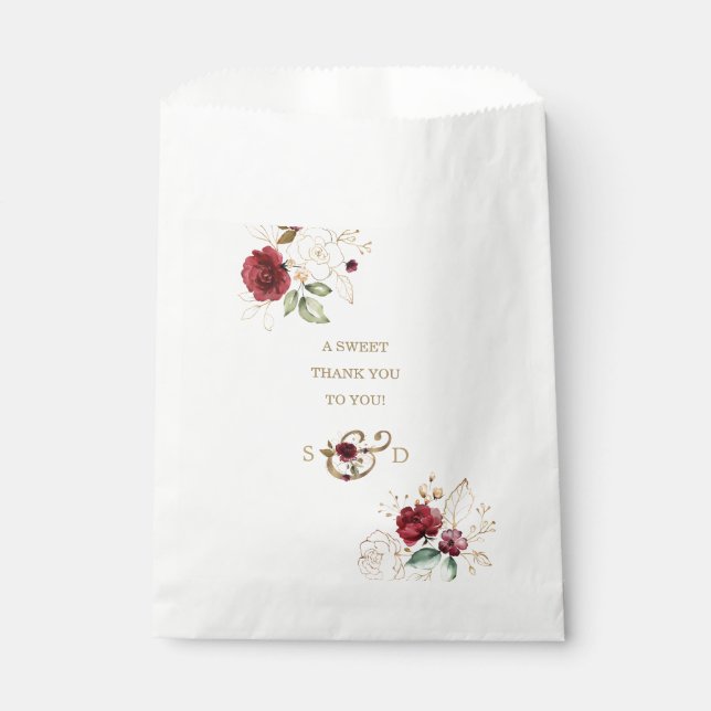 Sachets En Papier Whimsical Bourgogne Gold Flowers Monogramme Mariag (Devant)
