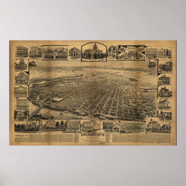 Sacramento CA Birds Eye Panoramabalkarte der 1890e Poster (Vorne)