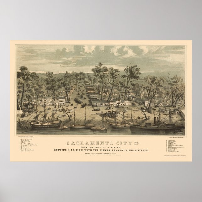 Sacramento, CA Panorama Karte - 1850 Poster (Vorne)