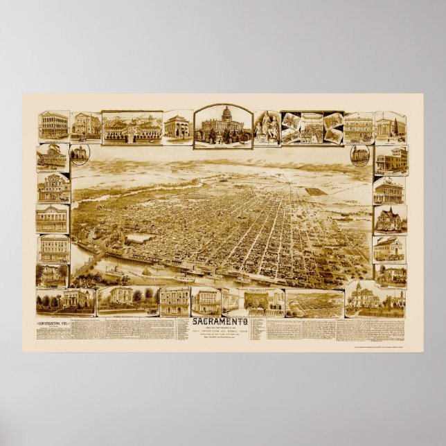 Sacramento, CA Panorama Karte - 1890er Poster (Vorne)