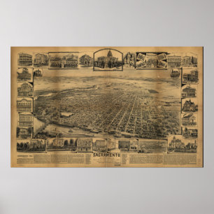 Sacramento California Antike Panoramakarte Poster