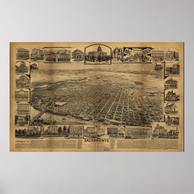 Sacramento California Antike Panoramakarte Poster (Vorne)