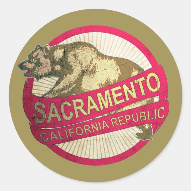 Sacramento California Vintag Bärenaufkleber Runder Aufkleber (Vorderseite)