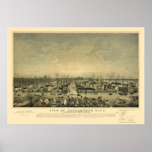 Sacramento, panoramische Karte CAs - 1850 Poster