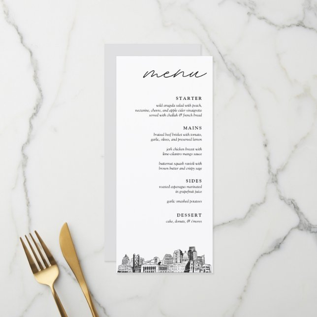 Sacramento Skyline Sketch Mariage Dîner Menu (Devant/Arrière en situation)
