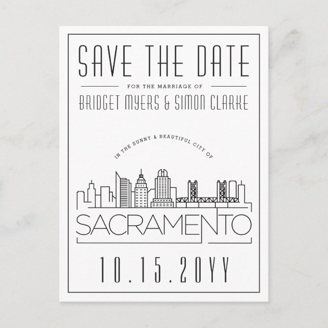 Sacramento Wedding |Stilisierte Skyline Save the D Postkarte (Vorderseite)
