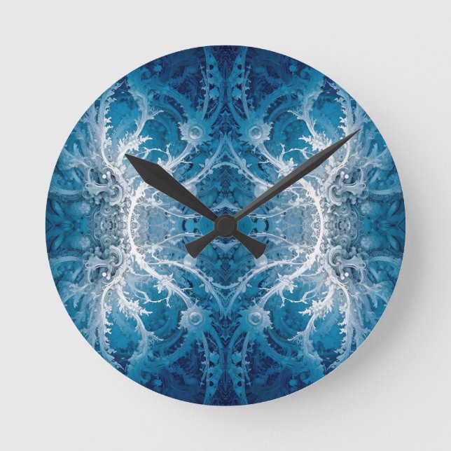 Sacred Cosmic Flow - Blue Silver Symmetrie Runde Wanduhr (Vorderseite)
