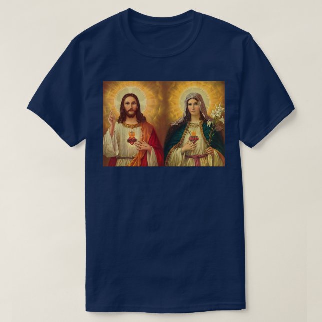 Sacred Heart and Immaculate Heart Picture Jesus an T-Shirt (Design vorne)