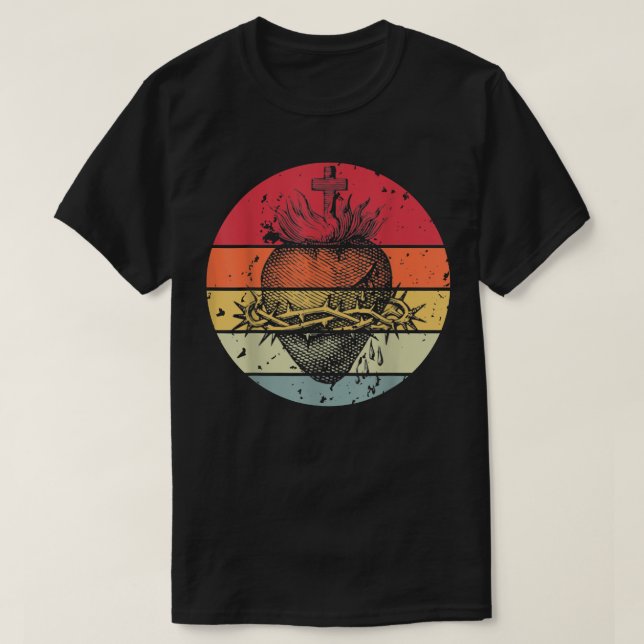Sacred Heart of Jesus Christ Retro Sunset Art Cath T-Shirt (Design vorne)