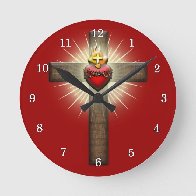Sacred Heart of Jesus Cross Runde Wanduhr (Vorderseite)