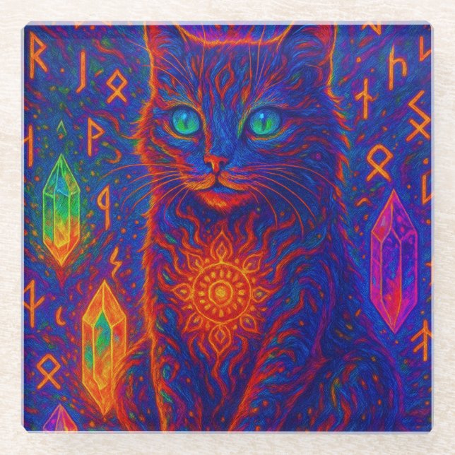 Sacred Neon Cat Glasuntersetzer (Vorderseite)