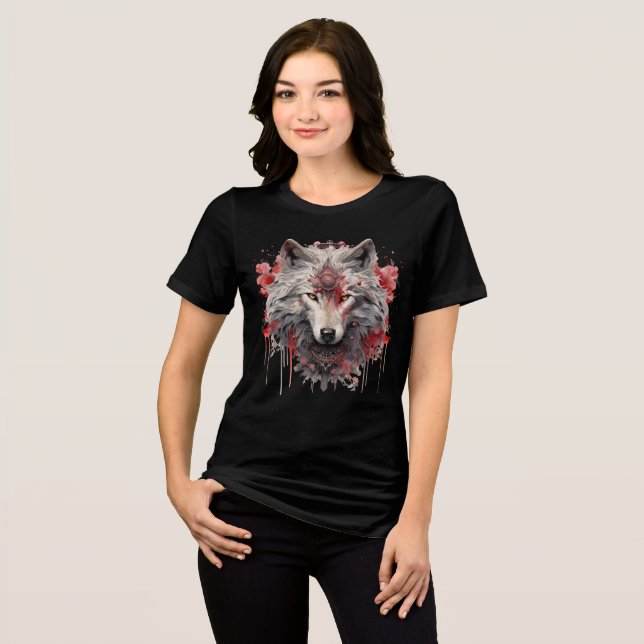 Sacred White Wolf – Ornate Red Mystic Art Tri-Blend Shirt (Vorderseite voll)